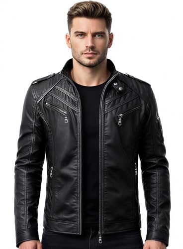 Image of Mens Genuine Black Leather Biker Jacket Cafe Racer Vintage Real Motorcycle Leather Jacket For Men