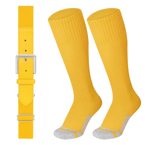 LEACOOLKEY Baseball Belt and Socks Combo Set Softball Soccer Socks and Elastic Belt for Adult Men Women Yellow