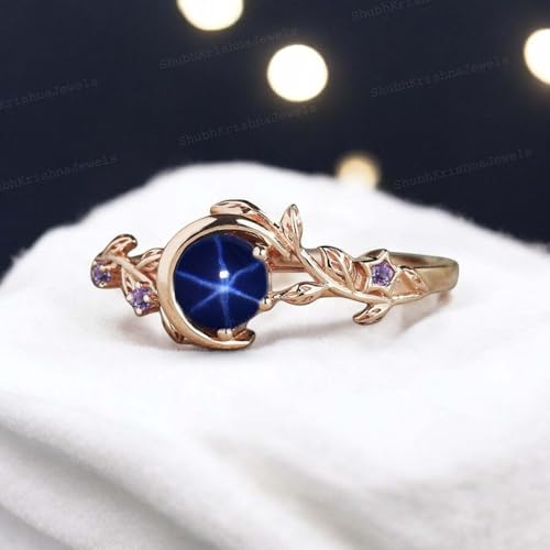 Vintage Blue Lindy Star Sapphire Engagement Ring 6 Rays Star Sapphire Ring Twig Branch Amethyst Leaf Ring Art Deco Moon Star Jewelry Yellow Gold Handmade Jewelry2