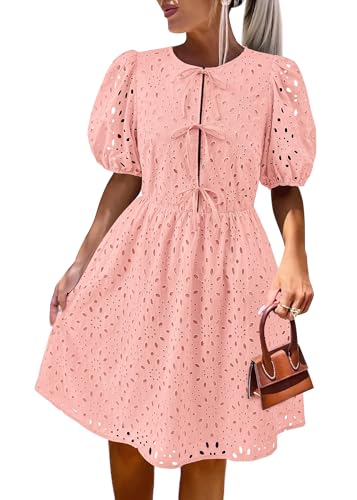 Image of KIRUNDO Eyelet Summer Dresses for Women 2025 Short Sleeve Tie Front Babydoll A Line Wedding Guest Beach Vacation Sundress