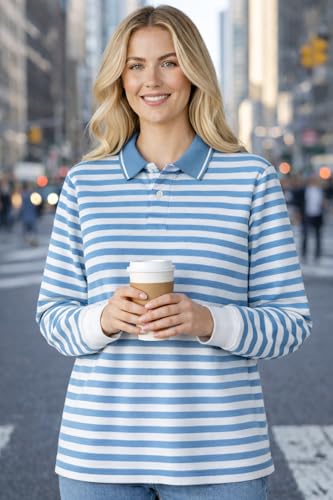 Image of Mack Jonney Women's Striped Polo T-Shirt | Full Sleeves | Collared Casual Cotton Tee | Regular Fit Top-M7372
