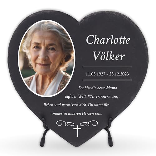 LAUBLUST Personalisierte Grabplatte als Grabschmuck für Menschen mit Wunschtext | Schieferplatte mit Gravur als Grabstein Deko & Grabtafel in Herzform - Kreuz, 3 Größen | Grabsteine mit Name & Foto