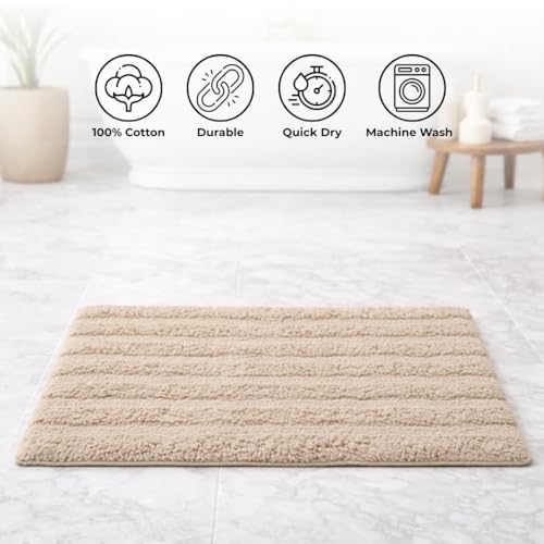 Image of Premium Combed Cotton Tufted Bathmat 45 x 65 cm, 1800 GSM Soft Absorbent Anti Skid Bathroom Floor Mat with Latex Backing, Quick Dry Non Slip Bath Rug for Shower & Daily Use, Stripes Beige