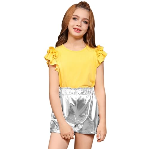 Image of Mirawise Girls Short Sets 2 Piece Outfits Metallic Shiny Shorts Ruffle Sleeve Shirt