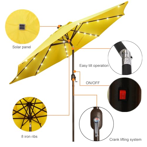 Image of Blissun 9 ft Solar Umbrella, 32 LED Lighted Patio Umbrella, Table Market Umbrella, Outdoor Umbrella for Garden, Deck, Backyard, Pool and Beach (Yellow)