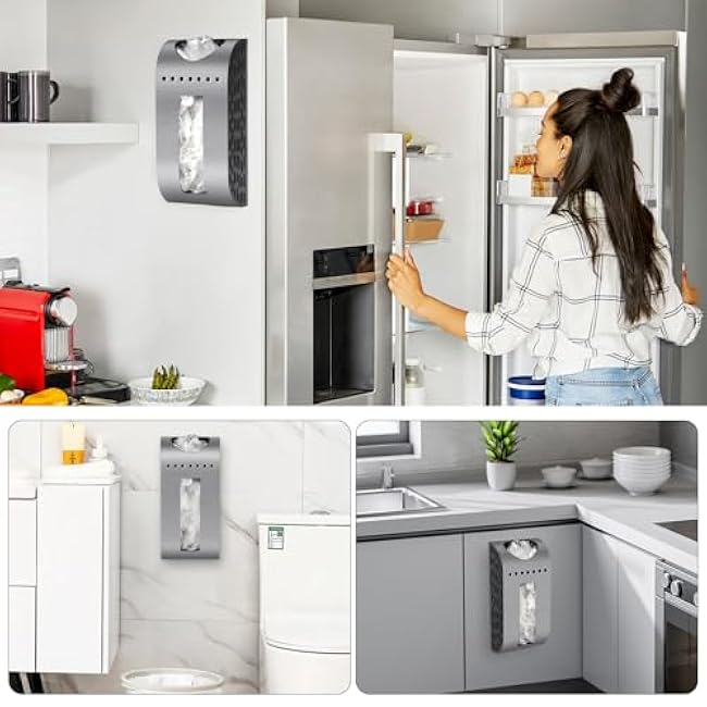 Grocery Bag Holder Wall Mount Plastic Bag Dispenser Space Saving Brushed Silver Garbage Bag Holder for Cabinet, Cupboard, Pantry, Anti-Fingerprints Design
