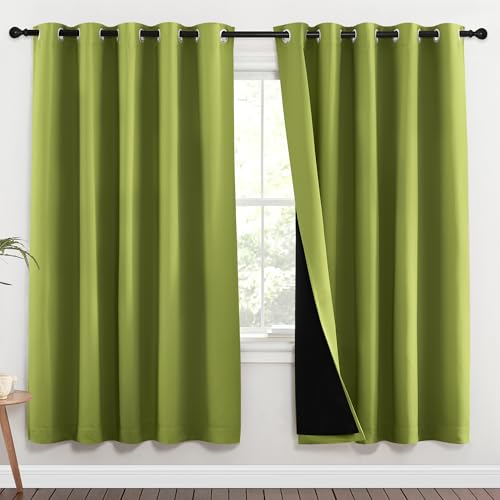 Image of NICETOWN 100% Blackout Window Curtain Panels, Fresh Green, 2 Pieces, 62-inch Wide Per Panel, Full Light Blocking Drapes with Black Liner for Nursery, 72-inch Drop Thermal Insulated Draperies