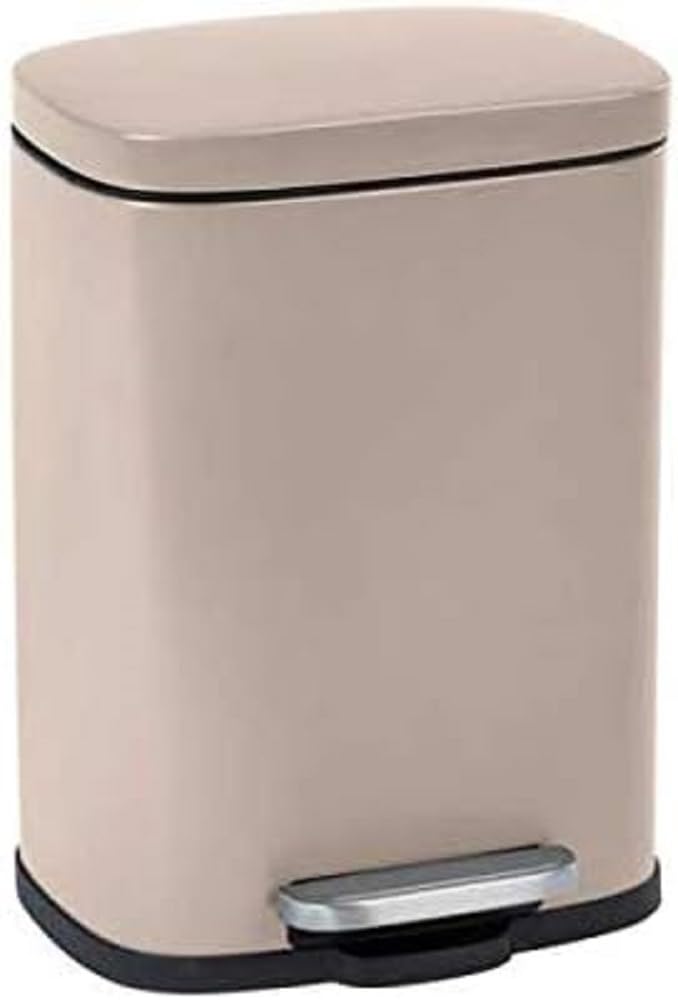 WENKO Leno Easy Close small bathroom bin, 5 liters, designer pedal bin with lid and soft-close brake as well as integrated bag holder, stainless steel, 21.5x19x29.5cm, taupe