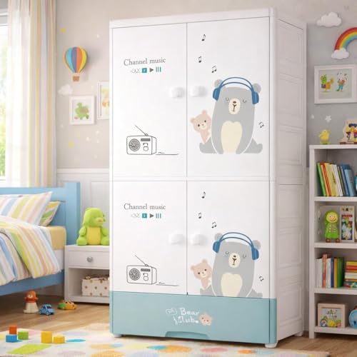 Image of Kids Plastic Wardrobe for Clothes Storage | Baby Cupboard & Almirah with Hanging Rod & Shelves | Portable Collapsible Storage Cabinet for Bedroom | Cartoon Kids Wardrobe