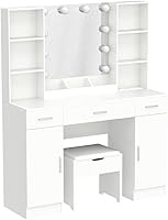 Vista 4 de Vabches Mesa de tocador de maquillaje con espejo iluminado y tira de alimentación, juego de tocador grande con taburete de almacenamiento, 3 modos