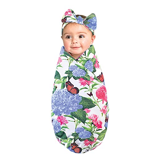 Image of Touched by Nature Unisex Baby Organic Cotton Swaddle Blanket and Headband or Cap, Hydrangea Monarch, One Size