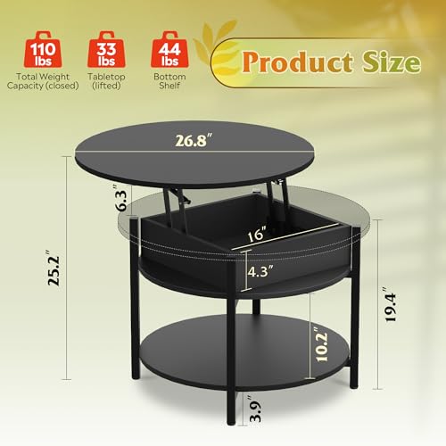 WLIVE Round Lift Top Coffee Table with Storage Shelf and Hidden Compartment, Farmhouse Small Coffee Table with 2 Tier for Living Room and Home Office, Black