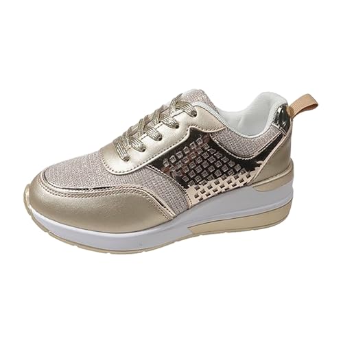 YIzdegg Zapatillas de plataforma para mujer, con cuña, zapatos informales, transpirables, de gran tamaño, antideslizantes, de piel sintética, zapatillas de tenis, cómodas, dorado, 38