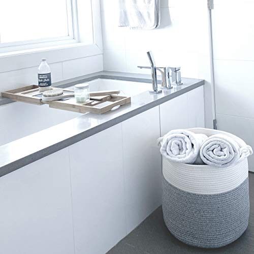 Mintwood Design 15 X 14.2 Inches Woven Cotton Rope Storage Basket, Stuffed Toy Basket Bin, Laundry Basket Hamper, Nursery Basket, Dog Toy Basket, Blanket Basket, Gift Basket, Light Gray #TOP4