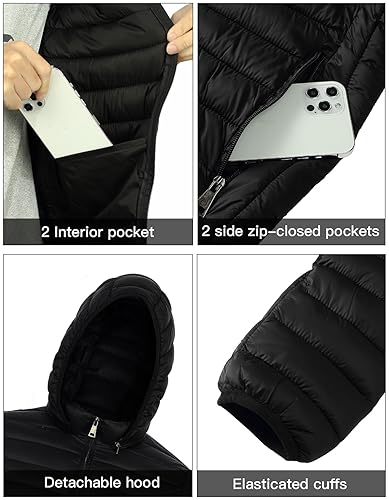 Puffer Jacket Men Packable Lightweight Down Winter Puffy Fashion Jacket With Hood, Black 2XL4