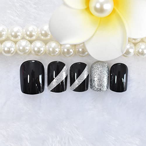 Elevenail Bright Black Silver Glitter Press On False Nails Short Squoval Gel Fake Nails Salon Manicure Reusable Diy Artificial Nails Art For Women Girls #TOP4