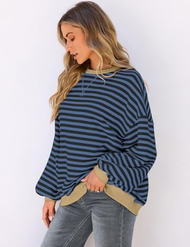 Image of UEU Women Oversized Striped Crewneck Sweatshirt Long Sleeve Color Block Pullover Tops Casual Loose Workout Shirt