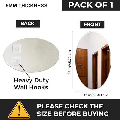 Image of Rousrie Frameless Wall Mirror for Bathroom, Glass, Modern, Clear, Wall Mount, 45 x 30 cm (1, Oval)