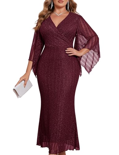 Plus Size Sparkly Formal Dress Lace Maxi V Neck Mermaid Cocktail Evening Wedding Guest, Burgundy, 2X