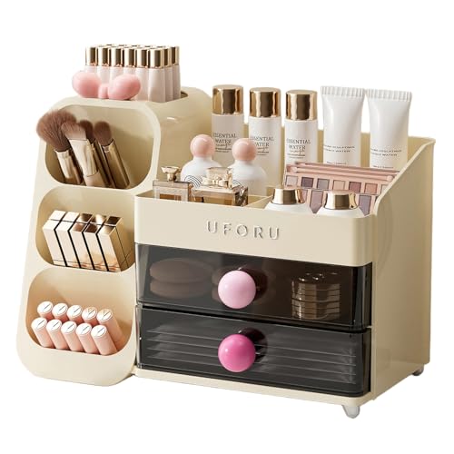 Image of UFORU Makeup Organizer for Vanity with Brush Holder, Large Capacity Bathroom Countertop Skincare Organizer with 2 Drawers, Cosmetic Display Case for Perfumes, Eyeshadow Palettes, Nail Polishes
