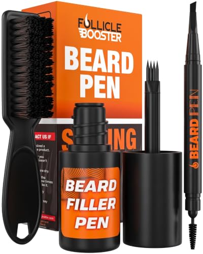 FOLLICLE BOOSTER Beard Pen Filler Styling Kit for Men - 3-in-1 Filling Set with 4-Tip Fork, Normal Pencil, and Brush - Waterproof, Sweatproof & All-Day Hold - Medium Brown