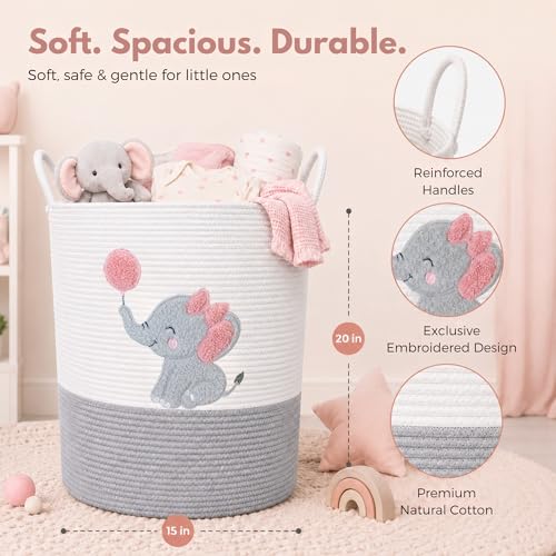 Image of Elephant Baby Laundry Basket for Girl Nursery, Pink Rope Hamper, 20x15 in