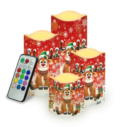 Image of Christmas Flameless Battery Operated Lamp with Remote Control | Reindeer LED Flickering, Battery Operated, Color Changing Electric Pillar Candles for Living Room, Xmas Decoration, 4 Pack