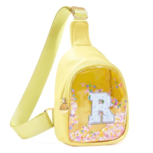 COSHAYSOO Personalized Christmas Birthday Gifts Burr Basket Stuffers for Girls Yellow Purse Sling Bag Crossbody Girl Cute Funny Cool Mini Travel Fashion Accessories Monogrammed Initial Letter R