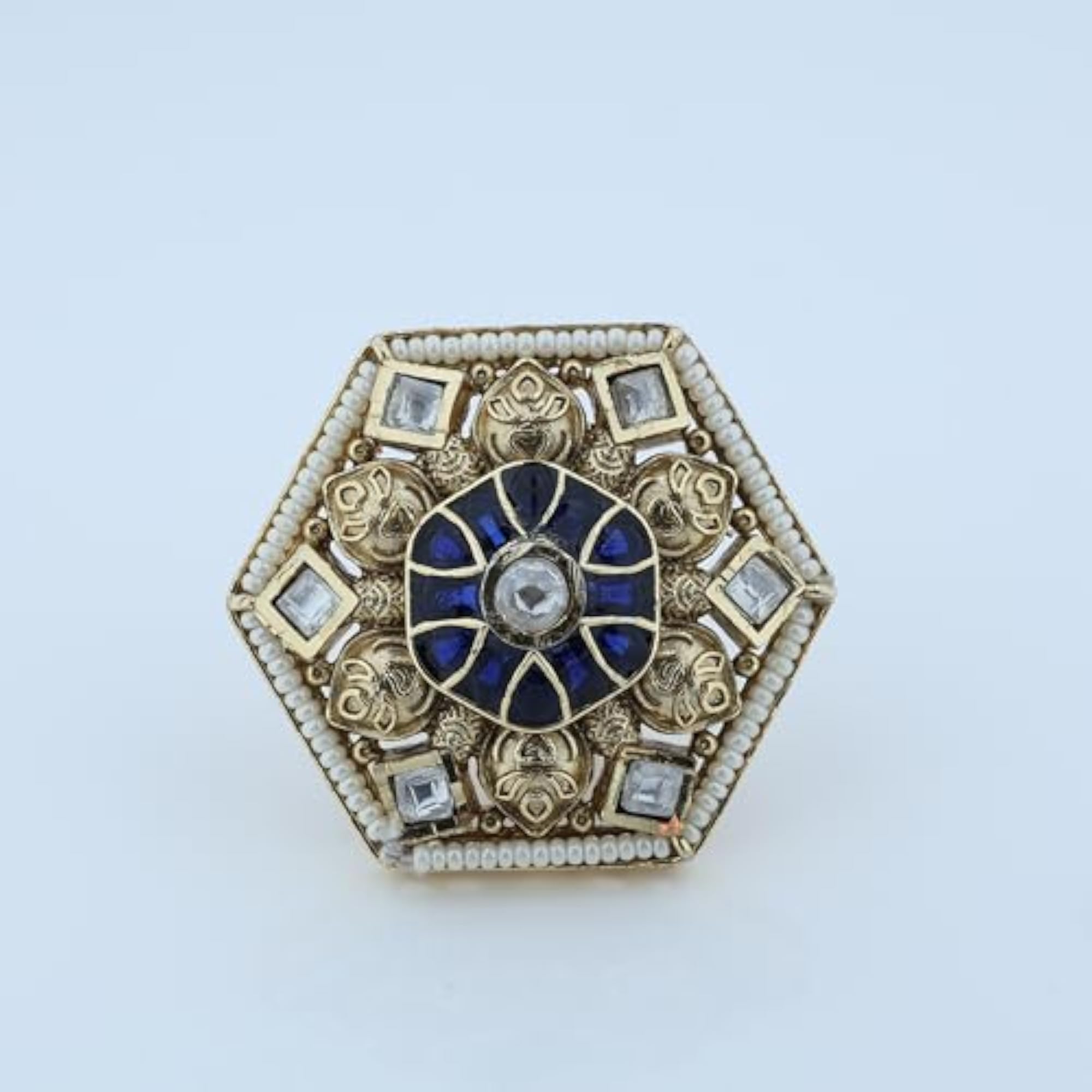 Gold-Plated Hexagon Green & Ruby Statement Ring, Elegant Design