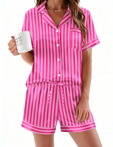Image of Ekouaer Silk Pajamas for Women Button Down Sleepwear 2 Piece Pjs Shorts Set | Classic Short Sleeve Notch Neck Lounge Set with Pockets,Soft Cute Pj Set,Bridal Gifts,Pajama Party,Maternity Outfits