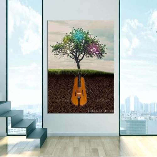 Grand poster instrument de musique pour salon déco murale arbre et paysage 60x90cm