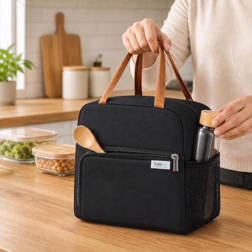 Image of SaleOn Insulated Lunch Bag for Women /Men /Adult, Lunch Box Lunch Bag Women, Small Leakproof Cute Lunch Tote Large Capacity Reusable Lunch Container for Work /Office /Picnic /Beach (Black)