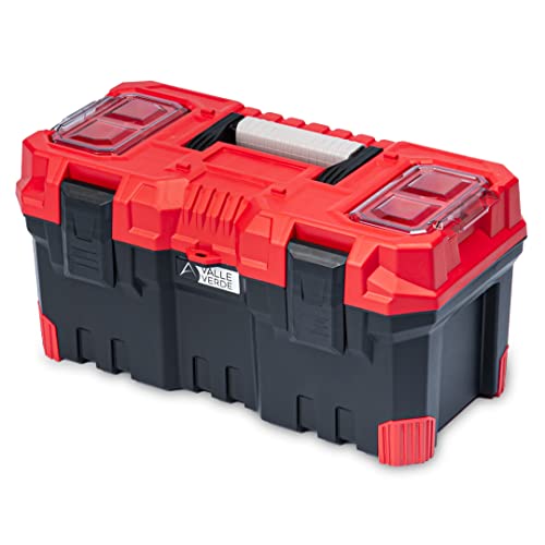 Werkzeugkoffer Werkzeugkasten Werkzeugkiste mit Werkzeugtrage Komfortabler Griff Klemmverschlüsse Staubdicht Feuchtigkeitsbeständig Kunststoff 496 mm x 258 mm x 240 mm (Schwarz-Rot) Cover