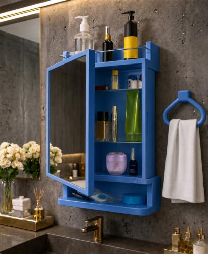 Image of CIPLA PLAST Rich Look Plastic Wall-Mounted Bathroom Mirror Cabinet with Storage Shelves, Single Door, Bathroom Mirror Cabinet with Towel Holder | (Blue)