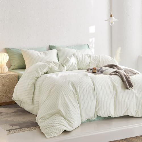 Image of Wake In Cloud - Striped Cotton Duvet Cover Set, Ticking Stripe Vertical Pinstripe Farmhouse, 100% Washed Cotton Textured Bedding Set, 3 Pieces, Aqua White, Full Size