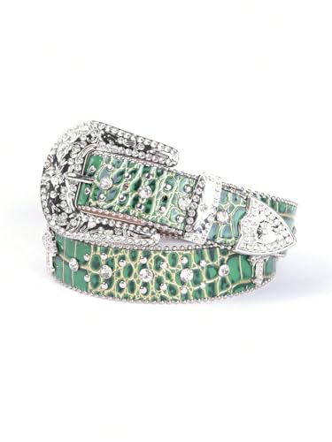 Strapvia Rhinestone Colourful Belt for Men & Women Western Cowboy Belt with Bling Cross Design for Jeans (Green waist size 34-37)