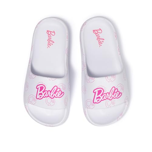 Barbie Kids Pink & White Pool Slides Sandals - Cute Quick-Dry Beach Flip Flops with Swirly Print Size Little Kid 11/12 Summer Water Shoes for Girls