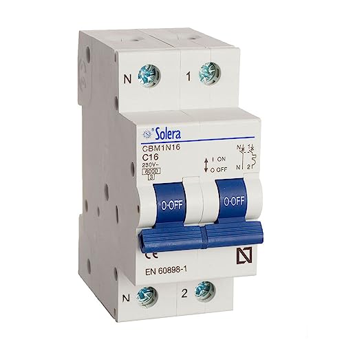 Interruptor magnetotérmico 1 polo + neutro 16A retráctil; protección de circuitos eléctricos y prevención de sobrecargas.