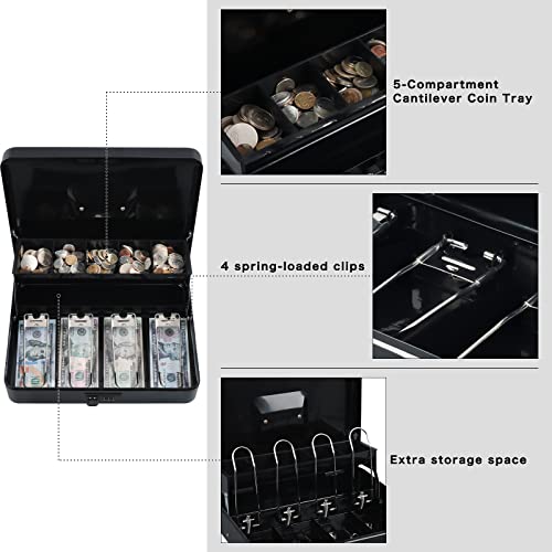 xydled Cash Box with Money Tray and Combination Lock,Tiered, Cantilever Design,4 Bill / 5 Coin Slots,11.8" x 9.5" x 3.5",Black