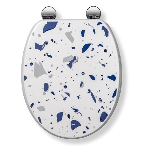 Croydex Blue Terrazzo Print Toilet Seat with Flexi-Fix Hinges - Antibacterial Coating, Durable FSC-Certified Wood and Fits Standard UK Pans, Modern White with Terrazzo Pattern