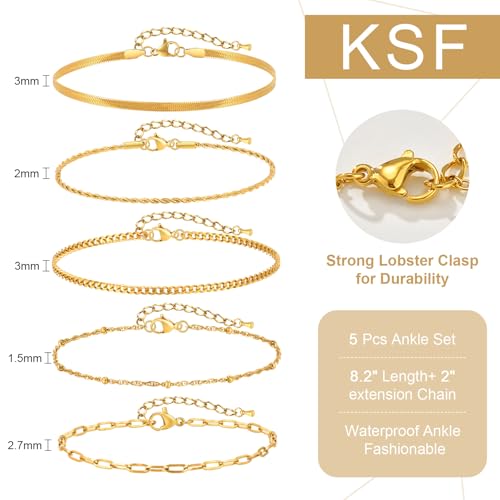 Image of KSF Gold Anklets for Women Waterproof - 18k Gold Plated Ankle Bracelets for Women, 5PCS Anklet Set Cuban Herringbone Figaro Link Chain Anklets for Women Summer Beach Jewelry Gift Adjustable Size