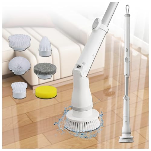 Electric Spin Scrubber Bathroom Cordless with 6 Replacement Head, with Extension Arm, LED lights, Spin Scrubber for Cleaning Bathroom 2 Adjustable Speeds for Bathroom Floor Tile
