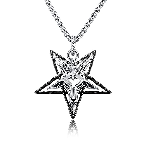 Sigil of Baphomet Pendant Inverted Pentagram Necklace 925 Sterling Silver Satanic Baphomet Goat Cow Skull Necklace for Men Gift Birthday Jewelry