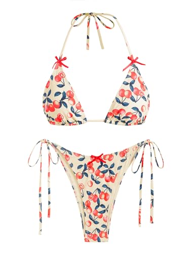 Image of ZAFUL Women's Sexy Halter Bikini Sets Bow Decor Tiny Floral Print Bikini Swimsuits Tie Side Triangle Bathing Suits(1-Multi,L), Large