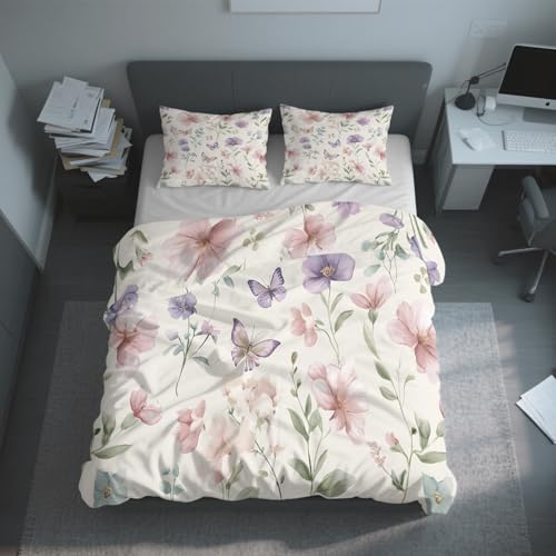 Housse de Couette 220x240 Fleur Rose et Papillon avec 2 Taies d'Oreiller
