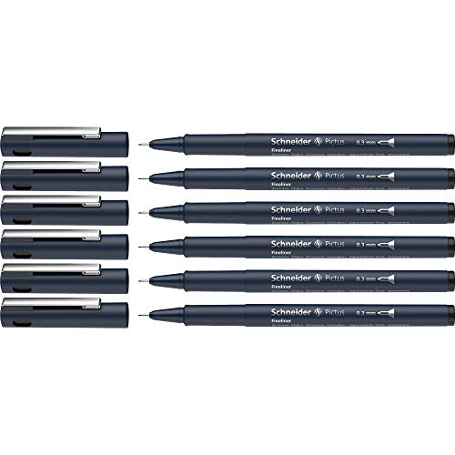 Schneider Pictus Fineliner (Strichstärke 0,3 mm, dokumentenechte Pigmentliner, metallgefasste Spitze, Gehäuse aus 85% recyceltem Kunststoff) 6er Pack, schwarz