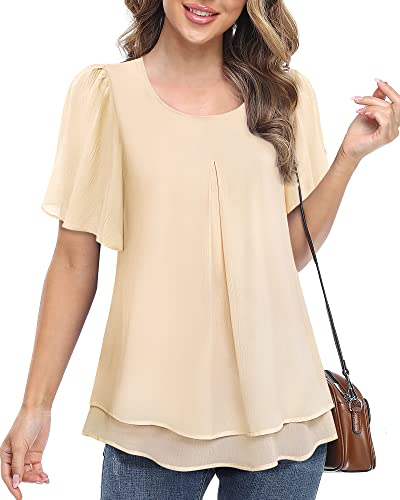 Gaharu Dressy Tops For Women For Evening Party Womens Casual Swing Tunics Scoop Neck Loose Top Short Sleeve Chiffon Blouse Shirt Tops Beige,Xl #TOP4