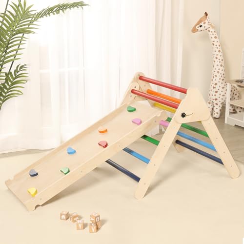 Image of Hoohtoot 2 in 1 Pikler Rainbow Triangle Set, Foldable Climbing Baby Toys for Toddlers, Wooden Montessori Indoor Climbing Toys & Jungle Gym for Kids, Indoor Playground