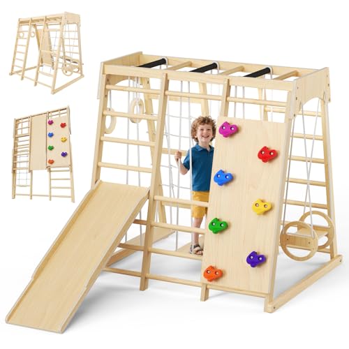 CUPCHID Maxi Klettergerüst für Kinder,9-in-1 Indoor Klettergerüst für Kinder mit Rutsche, Kletterwand, Kletternetz & Schaukel - Holz Kletterturm klappbar