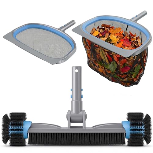 UIRWAY 3-in-1 Deluxe Swimming Pool Cleaning Kit - Includes Pool Brush with Detachable Side Round Ends Deep Leaf Skimmer Net & Flat Fine Mesh Net for Inground & Above Ground Pools Cleaning(No Pole)